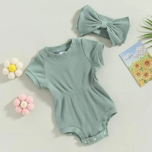 Miniatura 25 de Traje de verano para niña pequeña, de manga corta, acanalado, overol liso, pantalones cortos, ropa para recién nacidos