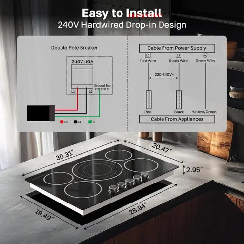 Miniatura 7 de ThermoMate Parrilla Eléctrica de 30 Pulgadas, 5 Quemadores con Control de Perillas Integrado, Parrilla Eléctrica de Cerámica, Parrilla Eléctrica