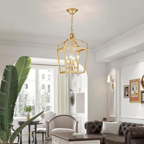 Miniatura 7 de Gold Crystal Chandelier, 4-Light Modern Chandeliers for Dining Room Light Fixture Over Table Adjustable Height Hanging Farmhouse Pendant Light for
