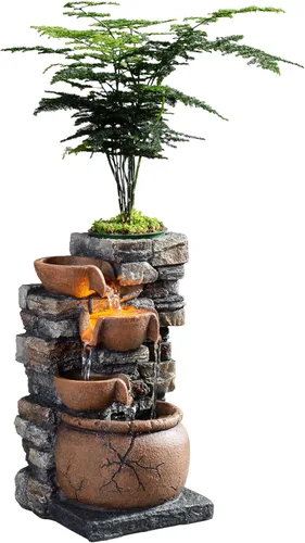 Fuente interior de 4 tazones Rockery con sonido calmante para decoración del hogar y la oficina con una pequeña maceta de plástico para cultivar la