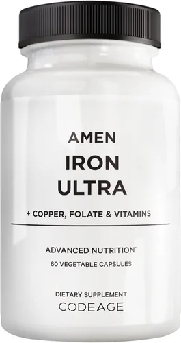 Amen Iron Ultra Suplemento + cobre, folato, vitamina C y B12 - Suministro de 2 meses - Vitamina de hierro y sulfato ferroso - 65 mg por porción -