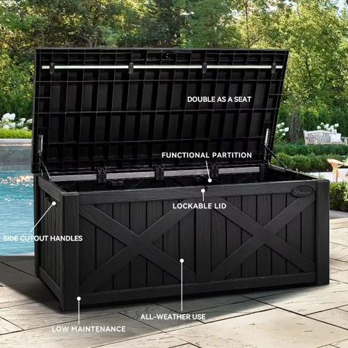 Miniatura 4 de YITAHOME Caja grande de cubierta de 120 galones con parte delantera en forma de X, cajas de almacenamiento de resina para exteriores, banco de Negro