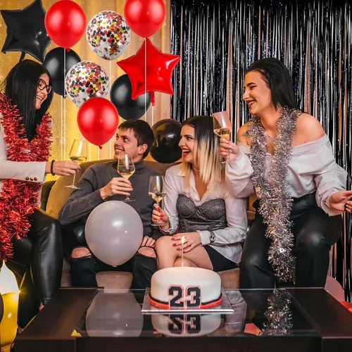 Miniatura 3 de Decoraciones de cumpleaños para hombres y mujeres, globos negros y rojos, pancarta de feliz cumpleaños, cortina metálica con flecos para fiesta