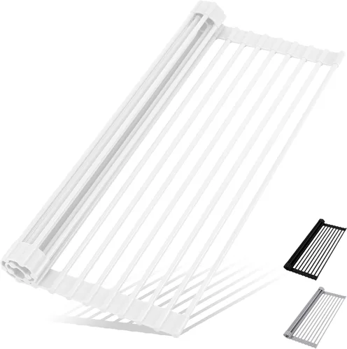 Miniatura 11 de HANZENMA Estante triangular para fregadero, estante multifuncional sobre la encimera, esterilla plegable para secar el fregadero, resistente al Negro