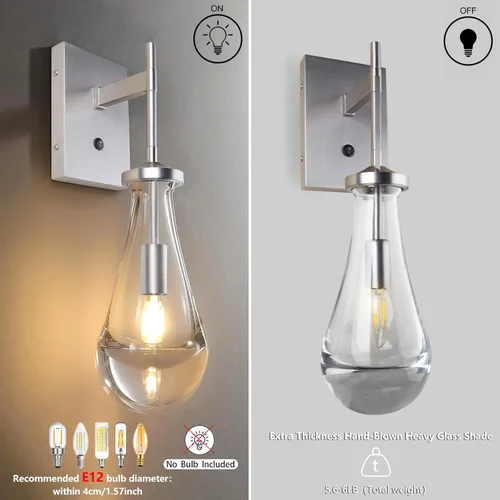 Miniatura 4 de HuisMier Aplique de Pared de Níquel Cepillado, Apliques de Pared Gota de Lluvia con Botón Interruptor de Encendido/Apagado, Moderna Lámpara de Pared