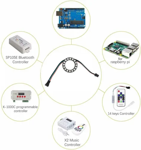 Miniatura 6 de Anillo LED WS2812 de 16 bits con cable de enchufe SM2.54-3P, WS2812B 5050 Módulo LED RGB direccionable DC5V con controladores incorporados