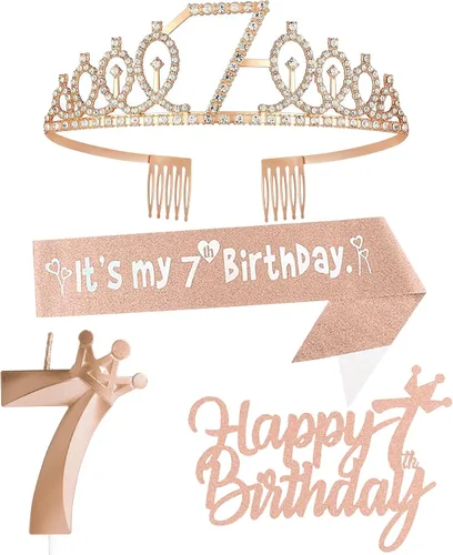 Miniatura 9 de Decoraciones de cumpleaños número 7 para niña, que incluyen corona/tiara de cumpleaños número 7, banda, adorno para pastel de cumpleaños y velas