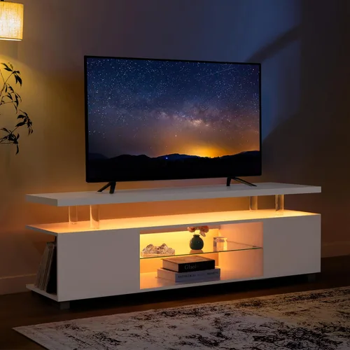 Miniatura 9 de Cubehom Soporte de TV negro, soporte de TV LED para sala de estar, centro de entretenimiento de cristal, mesas de consola de TV para sala de estar