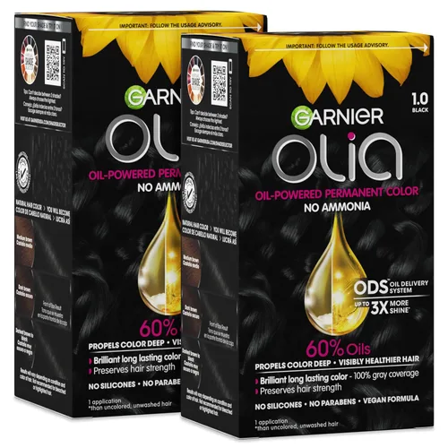 Garnier Tinte permanente para el cabello Olia sin amoníaco, color brillante, rico en aceite, 1.0 negro, 2 unidades (el embalaje puede variar)