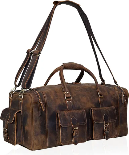 Miniatura 5 de Bolsas de lona grandes para hombre, bolsa de viaje de cuero para gimnasio, deportes, fin de semana, Marrón, Bolsa de cuero