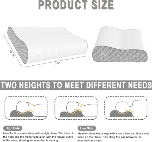 Miniatura 2 de Almohada cervical para aliviar el dolor de cuello, almohada de espuma viscoelástica, almohada ergonómica de contorno ajustable para dormir de lado