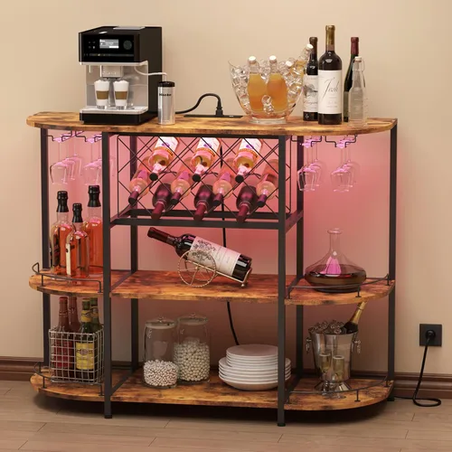 Miniatura 5 de ZOPEND Carro de Bar con Estante para Vino, Mesa con Enchufe de Energía y Luz LED, Mesa de Bar de Café de Tres Niveles, Estante de Vinos para Licores