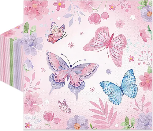 Paquete de 40 servilletas de papel para fiesta de mariposa, 13 x 13 pulgadas, desechables, diseño floral de mariposa, suministros de fiesta para