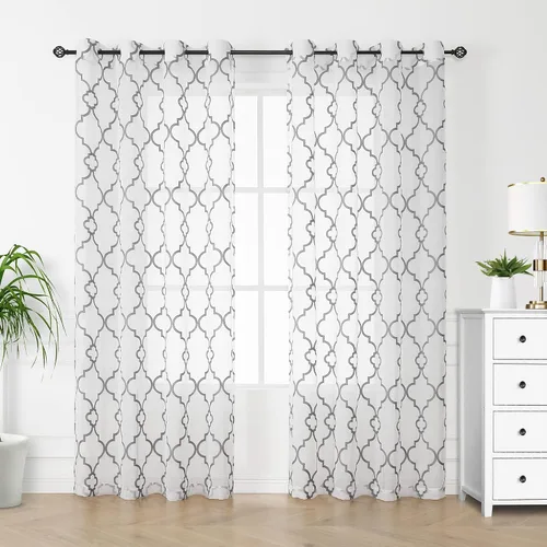 Miniatura 9 de Cortinas traslúcidas beige y blancas para dormitorio, 84 pulgadas, con bordado geométrico marroquí, marfil, paneles de cortina semitransparentes
