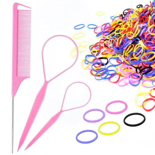 Miniatura 8 de IKOCO Juego de ligas para el cabello, 1505 bandas elásticas coloridas para el cabello con herramientas para el cabello Topsy Tail, peine de cola