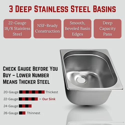 Miniatura 3 de Fregadero de concesión de acero inoxidable con 3 compartimentos grandes Portable 3-basin sink with 12" faucet, bar drains, and basket strainers