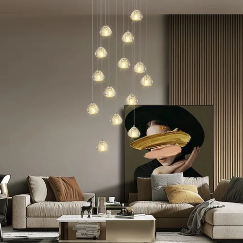 Miniatura 5 de Candelabro de cristal LED moderno, lámpara colgante de gota de lluvia, lámpara de techo de bola de cristal, 14 luces para escalera, sala de estar