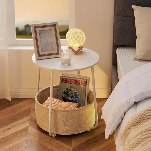 Miniatura 6 de YSSOA Mesa auxiliar redonda, mesas auxiliares para sala de estar, mesa auxiliar de cama pequeña, mesita de noche blanca moderna para mesita