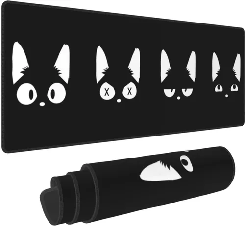 Alfombrilla de mouse grande de gato negro XL extendida para juegos de anime, alfombrilla de escritorio larga con base de goma antideslizante para