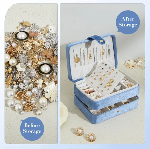 Miniatura 4 de Joyero pequeño de terciopelo para mujeres y niñas, estuche portátil de viaje de doble capa para anillos, colgantes, aretes, collares, organizador