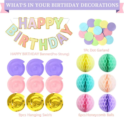 Miniatura 6 de Kit de decoraciones de cumpleaños pastel - Set de 17 piezas con pancarta de feliz cumpleaños pre-hilada, bolas de panal, guirnalda y remolinos