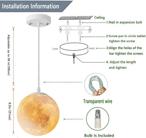 Miniatura 6 de Lámpara colgante de luna, lámpara colgante lunar impresa en 3D con bombilla, lámpara de techo de globo cableada de 7 pulgadas, regalos espaciales