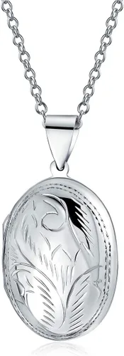 Bling Jewelry Medallones de Fotos Ovalados de Estilo Vintage Personalizados con Grabado de Hojas Florales para Mujeres, Collar Colgante de Plata