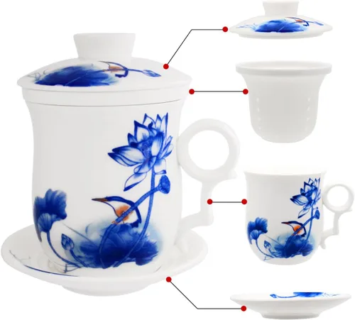 Taza de té de porcelana con tapa de infusor y juegos de platillos – Taza de café de cerámica china Jingdezhen Taza de té de hoja suelta Sistema de