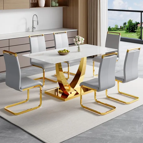 Miniatura 33 de Juego de mesa de comedor de 63 pulgadas para 4, juego de mesa de comedor dorado moderno para 4, juego de mesa de cocina de mármol sintético con negro
