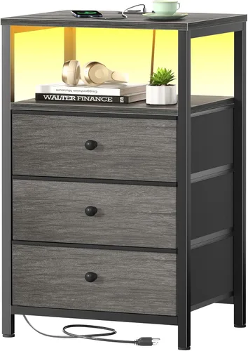 Miniatura 12 de BOLUO Cómoda alta con cajones, mesita de noche blanca con estación de carga y luz LED, cómoda pequeña de 4 cajones en blanco para dormitorio