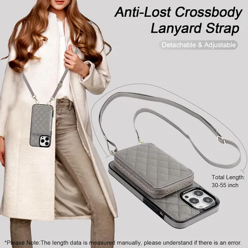 Miniatura 6 de Bocasal Funda tipo cartera con bandolera para iPhone 13 Pro Max, cartera de cuero PU con cierre de cremallera y bloqueo RFID, funda tipo folio