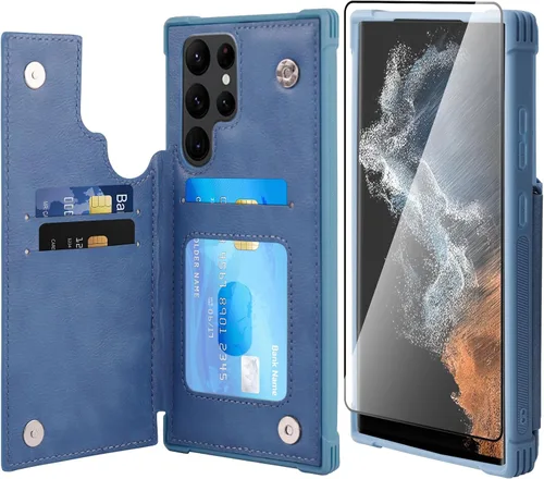 Miniatura 23 de VANAVAGY Funda tipo cartera compatible con Galaxy S22 con soporte para tarjetas de bloqueo RFID, piel sintética, cierre magnético, función atril