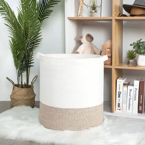 Miniatura 4 de MINTWOOD Design Cesta decorativa de cuerda de algodón tejida extra grande de 20 x 18 pulgadas, cesta alta para ropa sucia, cesta de manta para sala