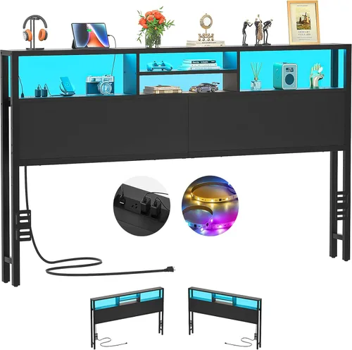 Miniatura 9 de Cabecero Aheaplus para Cama Individual con Almacenamiento, Cabeceros con Enchufes, Puertos USB y Luz LED, Cabecero Individual Solo, Altura