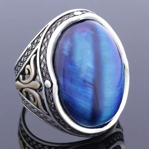 Miniatura 2 de mysilverworld Anillo de plata de ley 925 ovalada, ojo de tigre azul