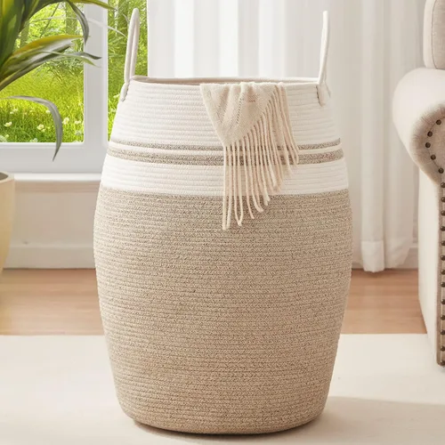 OIAHOMY Cesta de lavandería tejida de cuerda de algodón, grande, cesto alto para ropa con asas de algodón extendidas para almacenamiento de ropa o