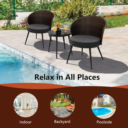 Miniatura 9 de Tangkula Juego de 3 piezas de ratán para patio, juego de conversación de mimbre para exteriores con 2 cojines de asiento, mesa de vidrio templado