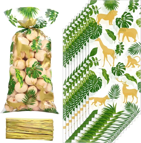 Sumind 100 bolsas de golosinas de celofán de animales de safari de selva, hojas de palma, bolsas de plástico para regalos de fiesta con lazos
