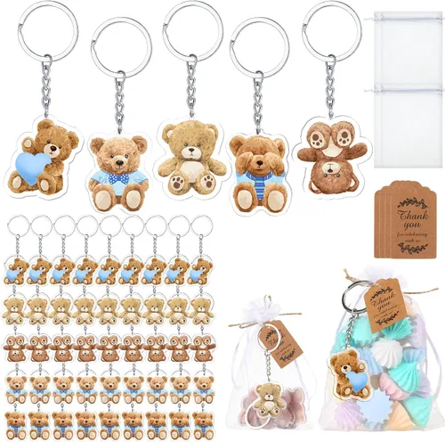 Miniatura 10 de Wettarn Juego de 50 regalos de oso para baby shower, regalos de fiesta de baby shower, recuerdos de devolución para invitados, incluye llaveros