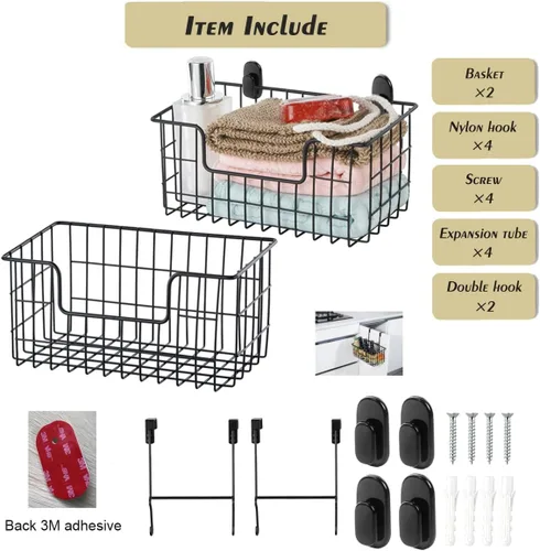 Miniatura 4 de JUNCHU CHERRY Cesta de almacenamiento de alambre, paquete de 2 unidades, montado en pared para cocina, baño, cesta de almacenamiento colgante