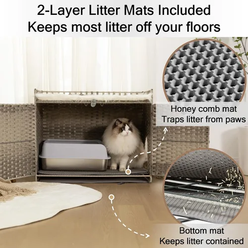 Miniatura 3 de Furriends Caja de arena para gatos con 2 alfombrillas, muebles ocultos de ratán tejido a mano, grande, 30.3 pulgadas de largo x 18.2 pulgadas