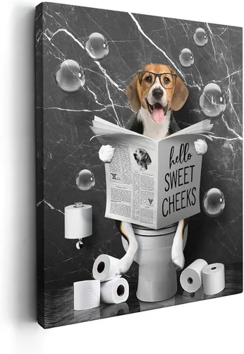 Miniatura 12 de Kasluolo Divertido arte de pared de perro Beagle para decoración de baño, lindo beagle sentado en la bañera, lienzo impreso pintura de animales