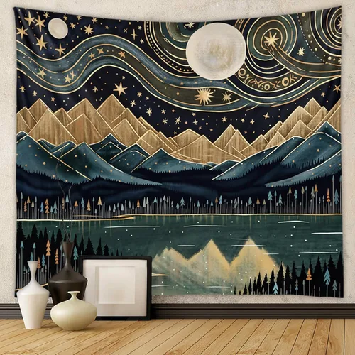 Tapiz de Bosque de Montaña Tapzen - Colgante de Pared Bohemio de Paisaje Luna Estrellas para Dormitorio, Sala de Estar, Aula, Dormitorio Estudiantil