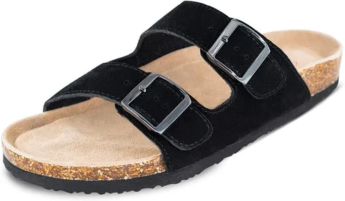 Miniatura 6 de TF STAR Sandalias de cuero de vaca para hombre, hebilla ajustable de 2 correas, pantuflas informales, plantilla de corcho deslizante