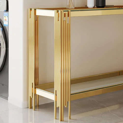 Miniatura 228 de Mesa de centro de cristal de lujo, mesa de centro de sofá de 47 pulgadas con marco de acero inoxidable dorado y parte superior de vidrio negro, mesa