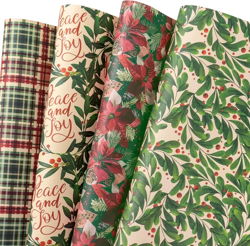 Miniatura 11 de WRAPAHOLIC Hoja de papel de regalo de Navidad, 12 hojas de diseño de árbol de Navidad rosa y casa, plegada plana con 12 etiquetas de regalo