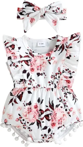 Hascloth Newborn Baby Girl Romper Infant Tassel Bodysuit Floral Dress Shorts Jumpsuit Ruffle Sleeveless Onesie Clothes Outfit