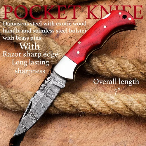 Miniatura 2 de Cuchillo de bolsillo de acero de Damasco, cuchillos de vaquero hechos a mano para exteriores, camping, senderismo, hoja de bloqueo trasera, cuchillo