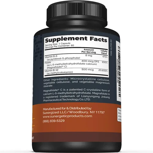 Miniatura 2 de Sunergetic Suplemento de folato de metilo prémium – con vitamina B12 metilada y vitamina B6 – Folato metabólicamente activo como magnafolato