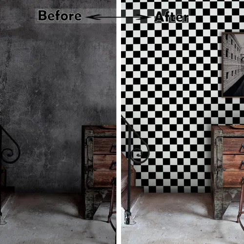 Miniatura 7 de 1339 Papel tapiz de mosaico blanco y negro para despegar y pegar, 17.7 x 118 pulgadas, papel de contacto autoadhesivo extraíble para armarios